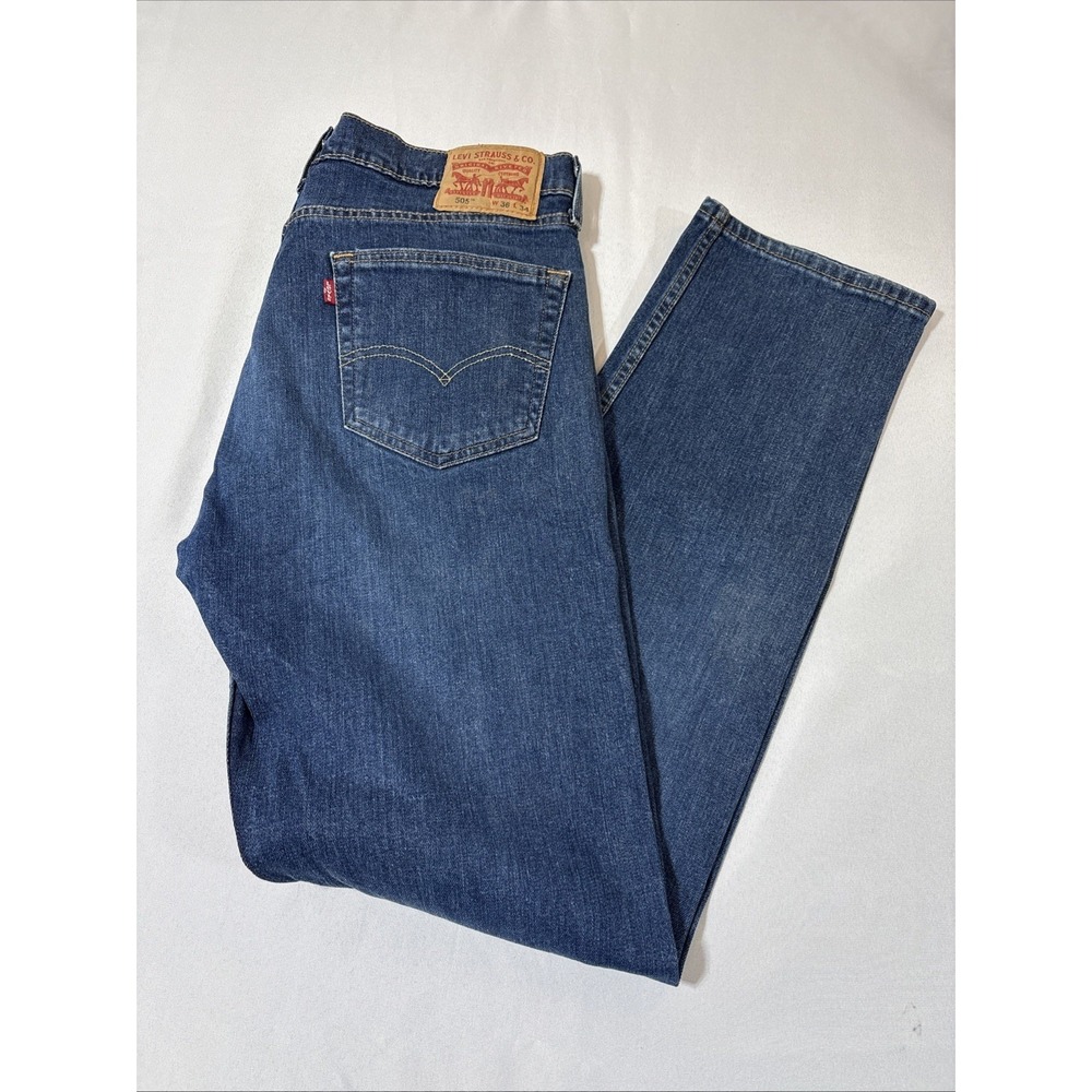 Men's Size 34x33 Levi 505 Regular Fit Denim Blue Jeans Medium‎ Dark Wash Stretch